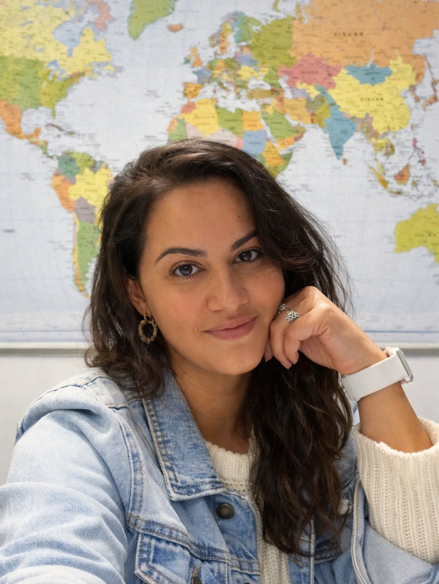Roberta Ayala, professora de inglês, em frente a um mapa-múndi