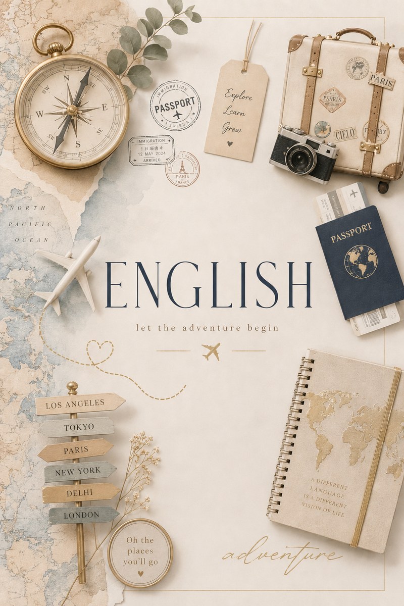 Composição de viagem com bússola, passaporte e a palavra English
